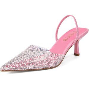 Women's Kitten Rhinestone Pointed Toe Pumps Slingback Pink Heels Dress Shoes